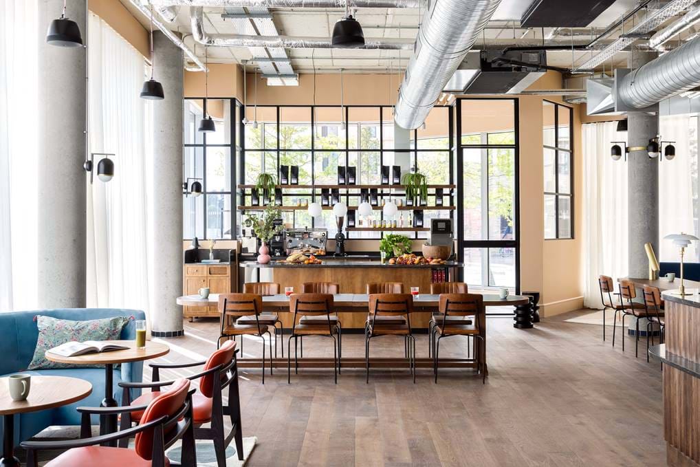 Co-working area and coffee shop at Hyatt Centric Cambridge.